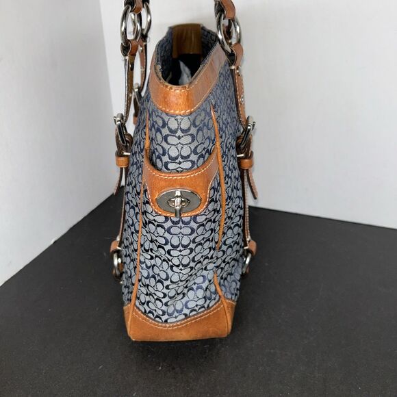 Coach Gallery Navy Blue Monogram W/ British Tan Leather Shoulder Tote F11526 - Picture 4 of 16